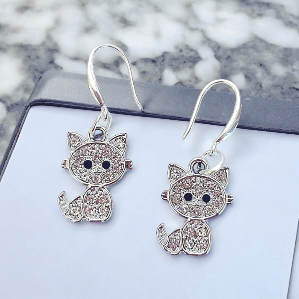 Clearance 925 Sterling silver kitty cat sparkle hook charm earrings rhinestones
